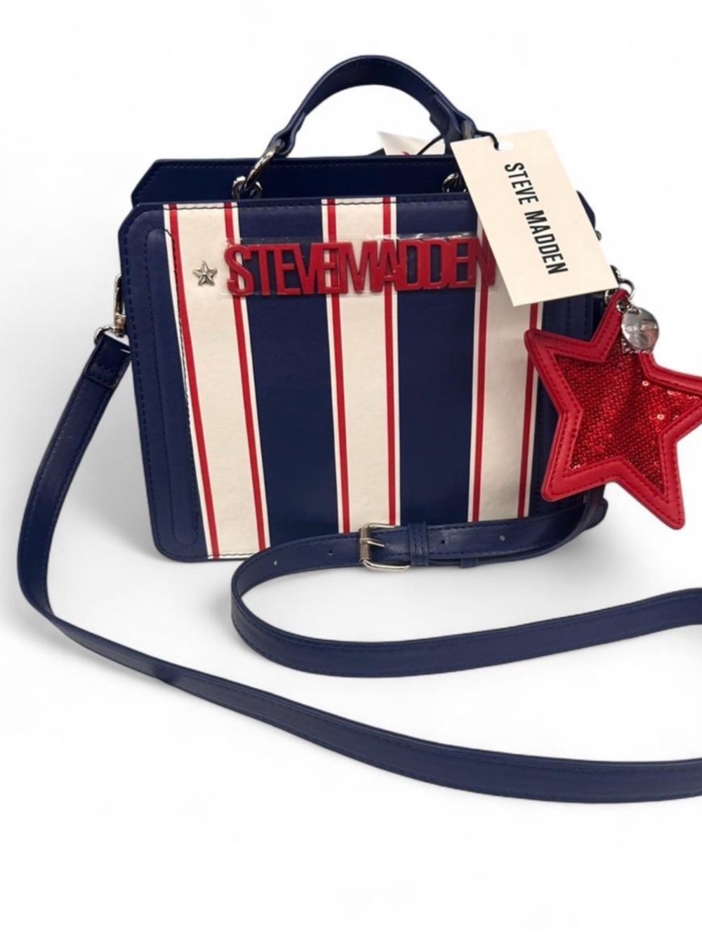 Steve Madden Navy, White & Red Striped Satchel with Star Charm